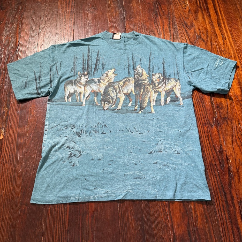 Signal Sports Wolf T Shirt Mens XL Teal Vintage 1994 Wrap Around Las Vegas